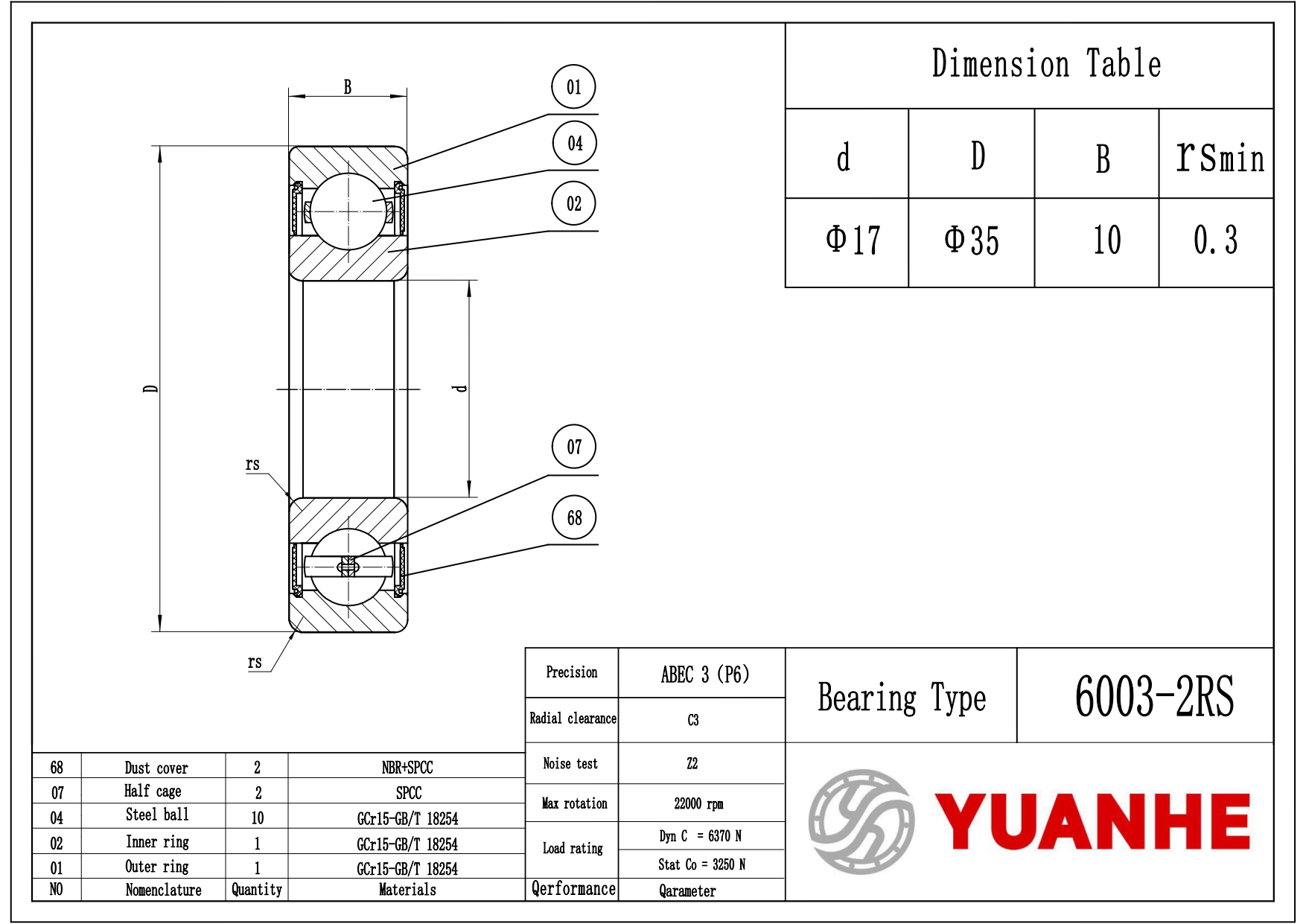 6003-2RS Shielded Ball Bearings - Yuanhe