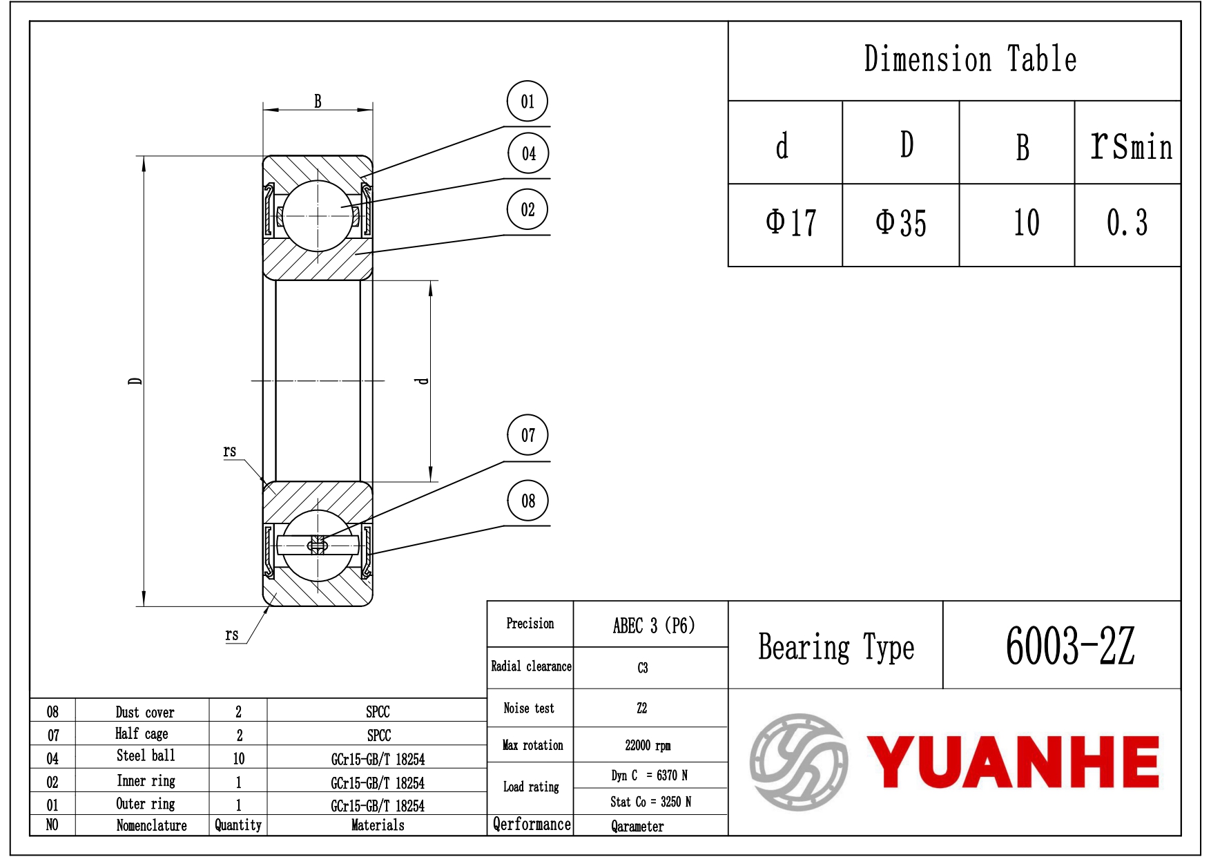 6003-2Z Shielded Ball Bearings - Yuanhe