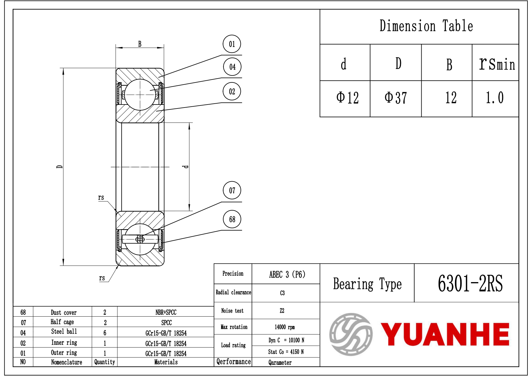 Shielded Ball Bearings 6301-2RS drawing - Yuanhe