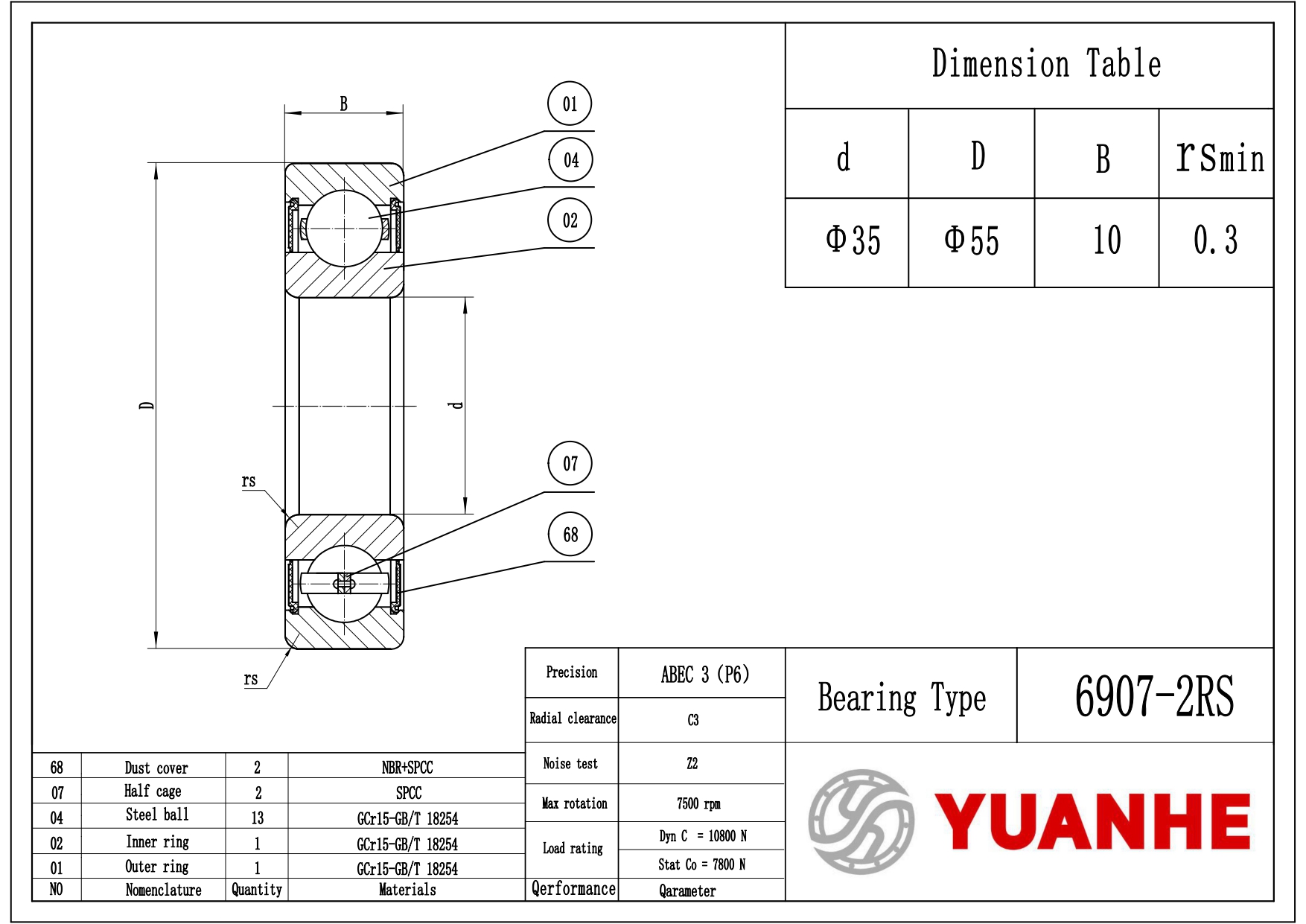 Shielded Ball Bearings 6907-2RS - Yuanhe