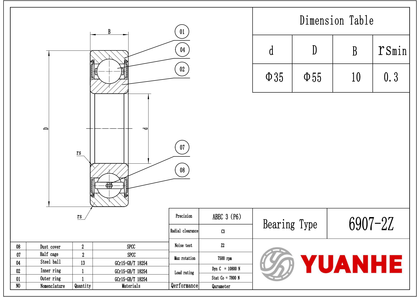 Shielded Ball Bearings 6907-2Z - Yuanhe
